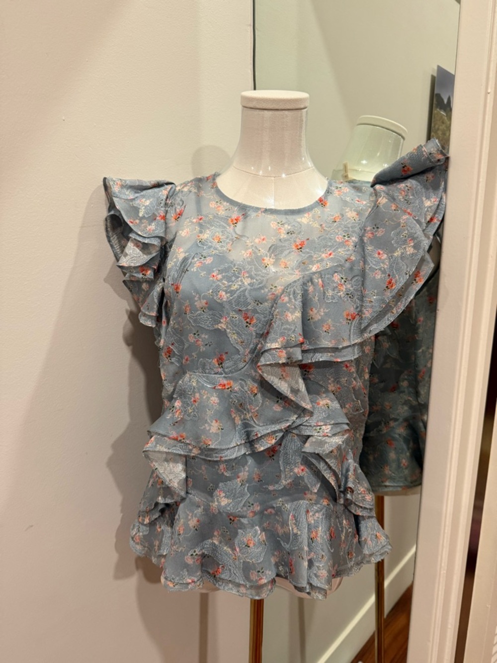 Rebecca Taylor Dusty Blue Floral Ruffle Blouse
